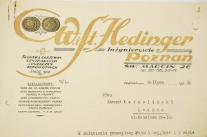 W. a St. Hedingera, Poznaň sv. Marcin 26 Ústredná továreň na vykurovanie a zdravotníctvo, KORESPONDENCIA zo 6. júla 1938, [AW2].