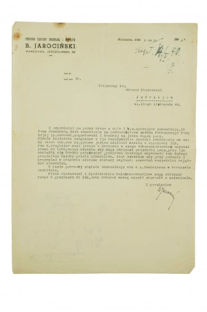 Usine de carton pour toitures et d'asphalte B. Jarociński Varsovie Jerozolimska 83, CORRESPONDANCE datée du 9 mai 1940, [AW2].