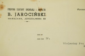 Usine de carton pour toitures et d'asphalte B. Jarociński Varsovie Jerozolimska 83, CORRESPONDANCE datée du 9 mai 1940, [AW2].