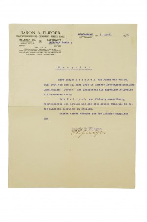 BARON & Flieger Hurtownia chemikaliów, farb i lakierów Bytom-Katowice ŚWIADECTWO z dnia 1 kwietnia 1925r., [AW2]