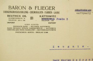 BARON & Flieger Velkoobchod s chemikáliemi, barvami a laky Bytom-Katowice CERTIFIKÁT ze dne 1. dubna 1925, [AW2].