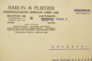 BARON & Flieger Großhandel mit Chemikalien, Farben und Lacken Bytom-Katowice ZERTIFIKAT vom 1. April 1925, [AW2].