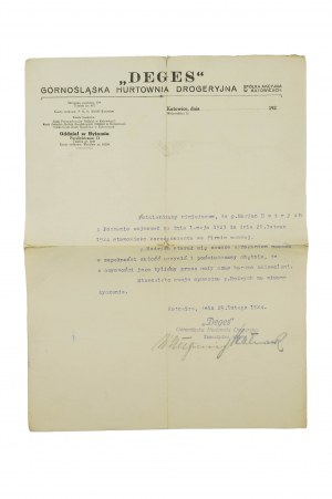 DEGES Górnośląska Hurtownia Drogeryjna S.A. di Katowice CERTIFICATO del 29 febbraio 1924, [AW2].