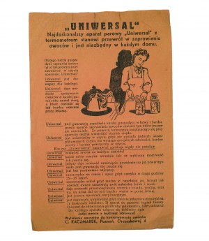 UNIWERSAL, der perfekteste Dampfapparat mit Thermometer, stellt eine Revolution im Obstdressing dar (...) ADVERTISEMENTS C. Kaczmarek, Poznań ul. Orzeszkowej 4, [AW3].