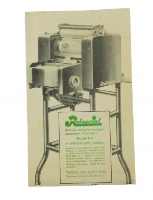 Kancelársky ofsetový tlačiarenský stroj ROTAPRINT model Rkl s plochým prekrytím, REKLAMA z veľtrhu v Poznani v roku 1938 od firmy Teofil Glocer a syn, Varšava Krakowskie Przedmieście 7, [AW3].