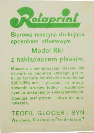 Kancelársky ofsetový tlačiarenský stroj ROTAPRINT model Rkl s plochým prekrytím, REKLAMA z veľtrhu v Poznani v roku 1938 od firmy Teofil Glocer a syn, Varšava Krakowskie Przedmieście 7, [AW3].