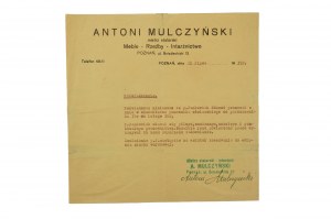 Antoni Mulczyński tesařský mistr Meble - Rzeźby - Intarżnictwo, Poznań ul. Śniadeckich 12, ZAŚWIADWCZENIE dla pracownika stolarskiego, autograf majitele, 21. července 1937r, [AW3].