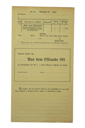 Ostdeutsche Buchdruckerei und Verlagsanstalt, PRINT ORDER for subscription to the monthly magazine 