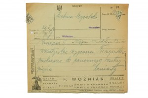 Telegram do hrabiny Mycielskiej z dnia 22.V.1929r. z reklamą składu bławatów, firan, bielizny i trykotaży F. Woźniaka z Poznania, [AW3]