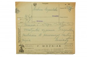 Telegramma alla contessa Mycielska del 22.V.1929 con una pubblicità per il negozio di fiordalisi, tende, biancheria intima e tricotage di F. Woźniak. Woźniak da Poznań, [AW3].