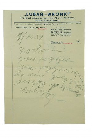 LUBAŃ-WRONKI Przemysł Ziemniaczany Sp. Akc. in Poznań, CORRESPONDENCE dated 19.10.1939, [AW3].