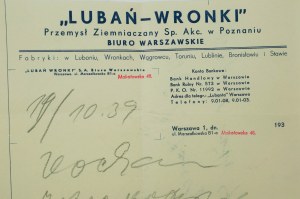LUBAŃ-WRONKI Przemysł Ziemniaczany Sp. Akc. di Poznań, CORRISPONDENZA del 19.10.1939, [AW3].