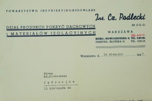 Towarzystwo Inżynieryjno-Budowlane Inż. Cz. Podlecki Sp. z o.o. Varsovie ul. Nowogrodzka 6, CORRESPONDANCE datée du 19 août 1940, [AW3].