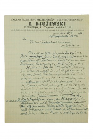 Zakład Ślusarsko-Mechaniczny i Elektrotechniczny E. DŁUŻEWSKI, Jędrzejów Pl. T. Kościuszki 19, CORRESPONDENCE dated 8.9.1940, [AW3].