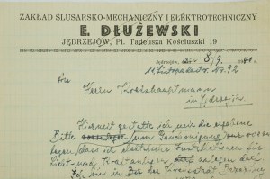 Zakład Ślusarsko-Mechaniczny i Elektrotechniczny E. DŁUŻEWSKI, Jędrzejów Pl. T. Kościuszki 19, KORESPONDENCJA z dnia 8.9.1940r., [AW3]