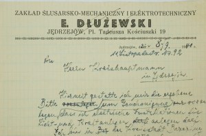 Zakład Ślusarsko-Mechaniczny i Elektrotechniczny E. DŁUŻEWSKI, Jędrzejów Pl. T. Kościuszki 19, KORRESPONDENZ vom 8.9.1940, [AW3].