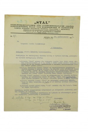 STAL Walconiwa Steel Products Factory, hammer mill and foundry in Jedrzejewo , CORRESPONDENCE dated 18.10.1940, [AW3].