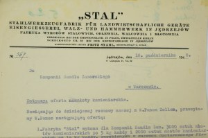 STAL Fabryka Wyrobów Stalowych Walconiwa, młotownia i odlewnia w Jędrzejewie , KORESPONDENCJA z dnia 18.10.1940r., [AW3]