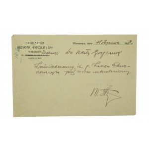 Drukarnia Henryk Hyndle i Ska, Warszawa, ZAŚWIADCZENIE datowane 11 stycznia 1928r., [AW]