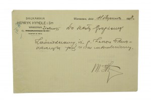 Tlačiareň Henryk Hyndle i Ska, Varšava, ZAŚWIADCZENIE z 11. januára 1928, [AW].