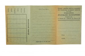 Librairie Zdzisław Gustowski Poznań ul. Wielka 10, LIVRET PUBLICITAIRE en forme de carte d'identité scolaire dépliable, avec une petite encyclopédie de l'élève, l'emploi du temps, un espace pour les notes, [AW3].