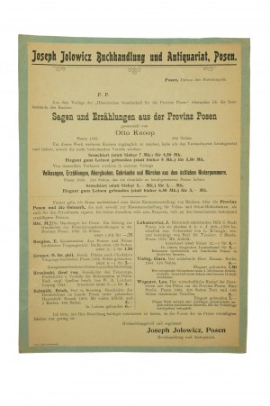 Joseph Jolowicz Buchhandlung und Antiquariat Posen, ADVERTISEMENT of book offerings including 