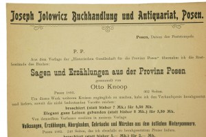 Joseph Jolowicz Buchhandlung und Antiquariat Posen, ANZEIGE von Buchangeboten, darunter 