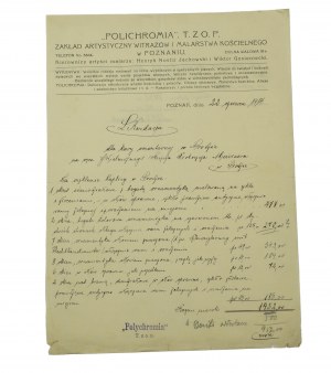 POLICHROMIA T.Z.O.P. Zakład Artystyczny Witrażów i Malarstwa Kościelnego v Poznani, FAKTURA z 22. června 1914 za vitráže pro kostel ve Środě Wielkopolské, [AW3].