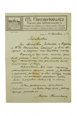 M. Niemierkiewicz, Poznań Plac Wilhelmowski 3 Księgarnia, ŚWIADECTWO za 3-letnią praktykę w księgarni, aotograf Mariana Niemierkiewicza, datowane 20 kwietnia 1913r., [AW3]
