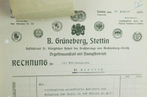 B. Grüneberg , Società di costruzione di organi a vapore di Stettino, CONTO per l'ispezione e la manutenzione dell'organo della chiesa di Miedzyzdroje, datato 9 agosto 1919, [AW3].