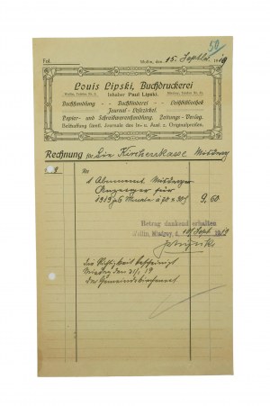 Leon Lipski Buchdruckerei Misdroy [Miedzyzdroje Printing House] ACCOUNT dated September 15, 1919, [AW3].