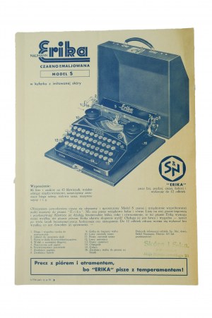 ERIKA černý smaltovaný psací stroj, model S v imitaci kůže REVAMP psacího stroje nabízeného firmou SKÓRA i Ska, Poznań Al Marcinkowskiego 23, [N].