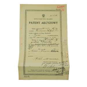 PATENT AKCYZOWY na prowadzenie jednodobowego bufertu w dniu 22 i 23 września 1928r. + pokwitowanie + zezwolenie, [N]