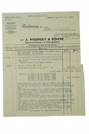 [Wrocław] J. WEIPERT & SÖHNE Maschinenfabrik und Eisenglesserei [Fabbrica di macchine e fonderia di ferro] CONTO del 23 giugno 1930, [N].