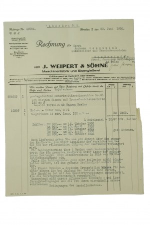 [Wrocław] J. WEIPERT & SÖHNE Maschinenfabrik und Eisenglesserei [Maschinenfabrik und Eisengießerei] RECHNUNG vom 23. Juni 1930, [N].