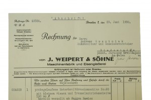 [Wrocław] J. WEIPERT & SÖHNE Maschinenfabrik und Eisenglesserei [Usine de machines et fonderie de fer] COMPTE du 23 juin 1930, [N].