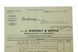 [Wrocław] J. WEIPERT & SÖHNE Maschinenfabrik und Eisenglesserei [Maschinenfabrik und Eisengießerei] RECHNUNG vom 23. Juni 1930, [N].