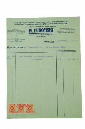 W. Łukomski Architekt i Budowniczy. Unternehmen zur Herstellung von Zementprodukten, Unternehmen für den Hoch- und Tiefbau, Holzindustrie, Sägewerk und mechanische Tischlerei, Śmigiel, vom 14. September 1929