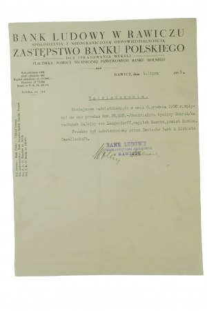 Banque populaire de Rawicz, impression sur papier à en-tête de la société, datée du 1er juillet 1933. - Malwina von Lagendorff, succession de Kawcze