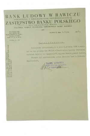 Banca popolare di Rawicz, stampa con carta intestata della società, datata 1° luglio 1933. - Malwina von Lagendorff, proprietà di Kawcze