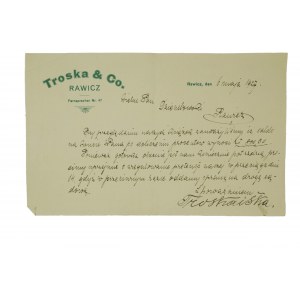 Troska & Co. RAWICZ Fernsprecher nr 47 - wezwanie do zapłaty 6 maja 1927r.