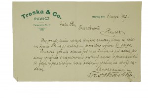 Troska & Co. RAWICZ Fernsprecher č. 47 - výzva na zaplatenie 6. mája 1927.