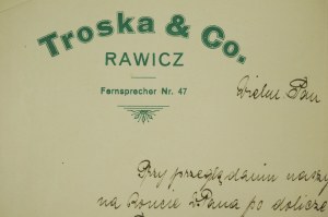 Troska & Co. RAWICZ Fernsprecher č. 47 - výzva na zaplatenie 6. mája 1927.