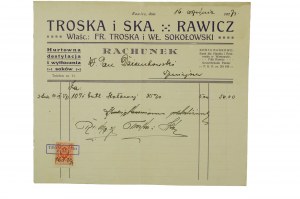 Troska a Ska RAWICZ majitelé Fr. Troska a Wl. Sokolowski, velkoobchod, destilace a lisovna šťáv - ÚČET 16. září 1927.