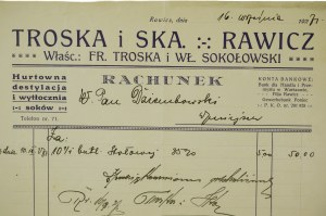 Troska a Ska RAWICZ majitelé Fr. Troska a Wl. Sokolowski, velkoobchod, destilace a lisovna šťáv - ÚČET 16. září 1927.