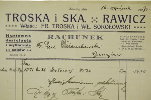 Troska a Ska RAWICZ majitelia Fr. Troska a Wl. Sokolowski, veľkoobchod, destilačný závod a lisovňa džúsov - ÚČTOVNÝ LIST 16. septembra 1927.