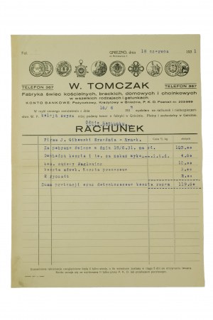 W. TOMCZAK Fabryka świec kościelnych, brackich, domowych i choinkowych w wszelkich rodzajach i gatunkach GNIEZNO ul. Mickiewicza 5 - druk z nagłówkiem firmowym, korespondencja datowana 18 czerwca 1931r., [N]