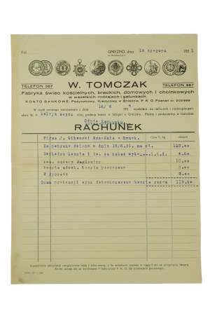 W. TOMCZAK Továreň na cirkevné, bratské, domáce a vianočné sviečky všetkých druhov a druhov GNIEZNO ul. Mickiewicza 5 - odtlačok s hlavičkovým papierom, korešpondencia z 18. júna 1931, [N].