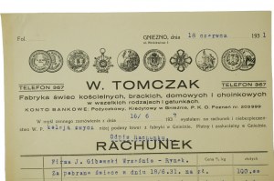 W. TOMCZAK Továreň na cirkevné, bratské, domáce a vianočné sviečky všetkých druhov a druhov GNIEZNO ul. Mickiewicza 5 - odtlačok s hlavičkovým papierom, korešpondencia z 18. júna 1931, [N].