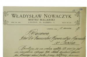 Władysław Nowaczyk, mistrz malarski Leszno ul. Łaziebna 11 - druk z nagłówkiem firmowym 11 czerwca 1930r.
